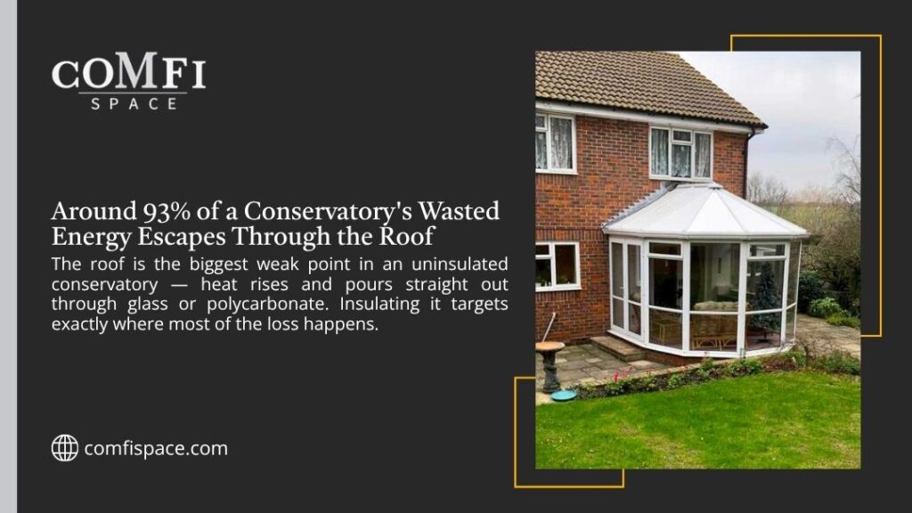 Comfi Space graphic stating around 93% of a conservatory's wasted energy escapes through the roof, beside a red-brick house with a white polycarbonate-roofed conservatory bay.