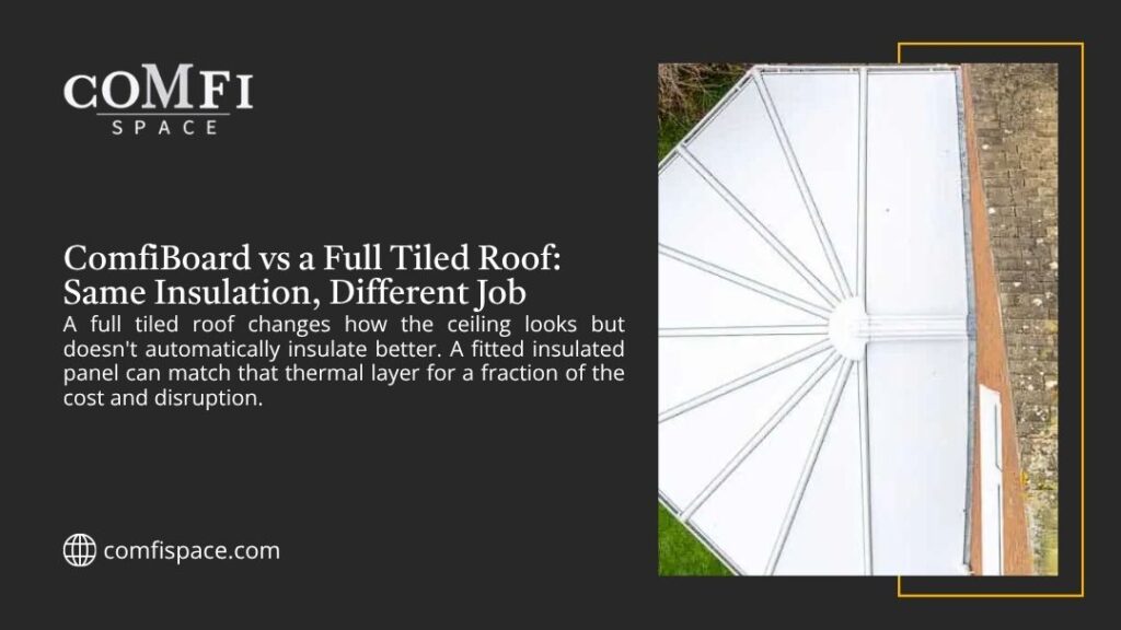 Comfi Space graphic comparing ComfiBoard insulated panels to a full tiled roof for the same thermal performance at lower cost, beside an aerial view of a white conservatory roof.
