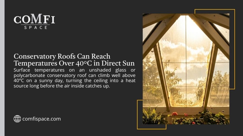 Comfi Space graphic: unshaded glass or polycarbonate conservatory roofs can exceed 40°C in direct sun, radiating heat before the air warms. Sunlight streams through a glass roof.