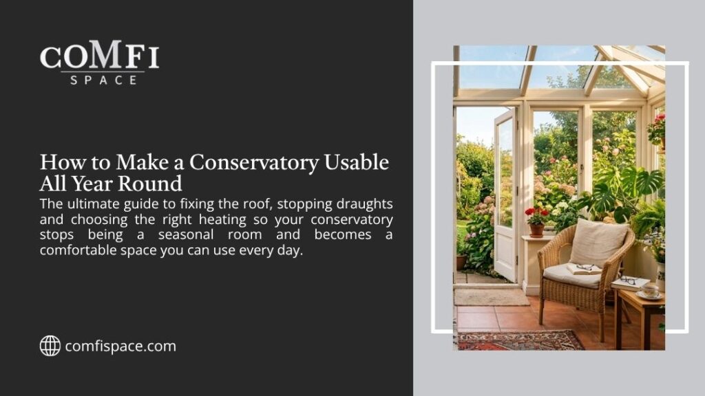 Comfi Space graphic on making a conservatory usable all year: a guide to fixing the roof, stopping draughts, and choosing heating. A cozy conservatory with a wicker chair opens to a garden.