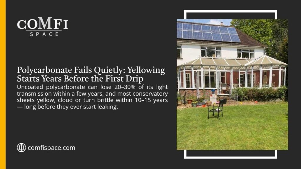ComfiSpace infographic: Polycarbonate roofs fail quietly — close-up of yellowed, moss-streaked conservatory roof panels showing early degradation