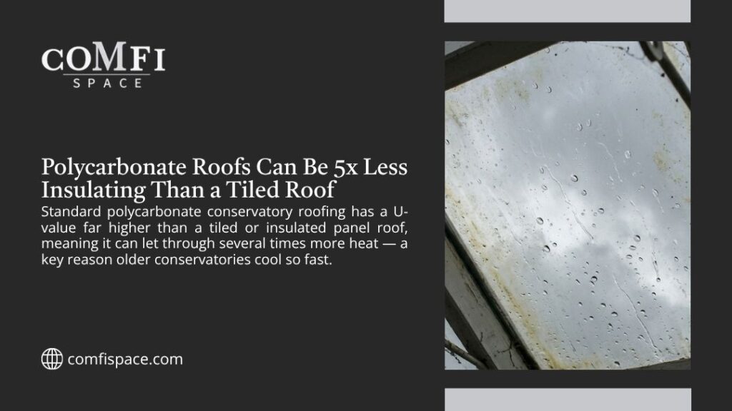 Wet and dirty polycarbonate roof panel, with headline "Polycarbonate Roofs Can Be 5x Less Insulating Than a Tiled Roof" by Comfi Space.