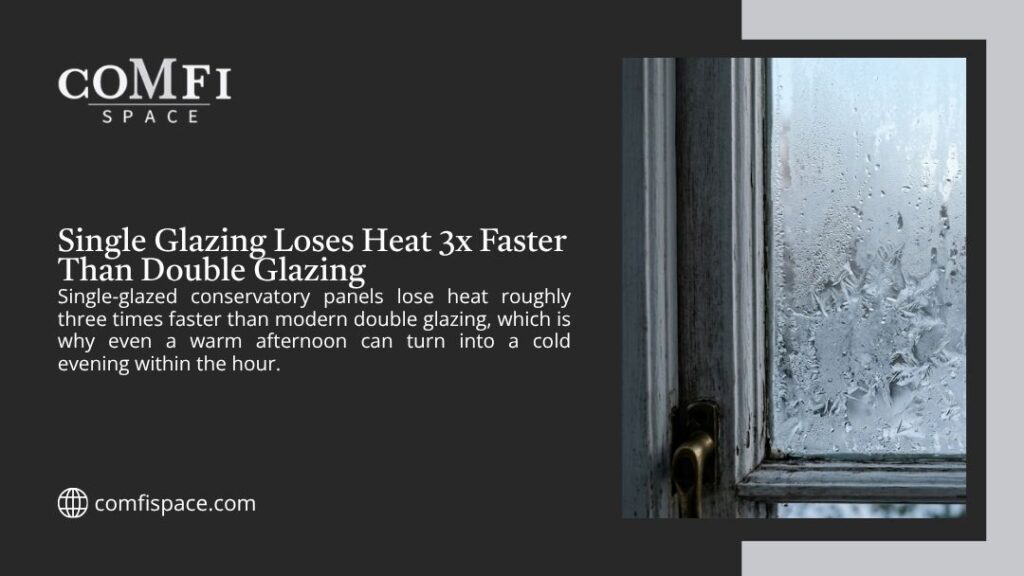 Condensation and frost on single-glazed window, with headline "Single Glazing Loses Heat 3x Faster Than Double Glazing" by Comfi Space.