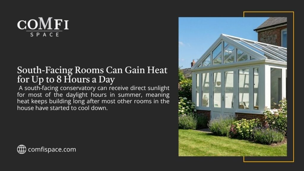 Bright south-facing conservatory on sunny day with garden, with headline "South-Facing Rooms Can Gain Heat for Up to 8 Hours a Day" by Comfi Space.