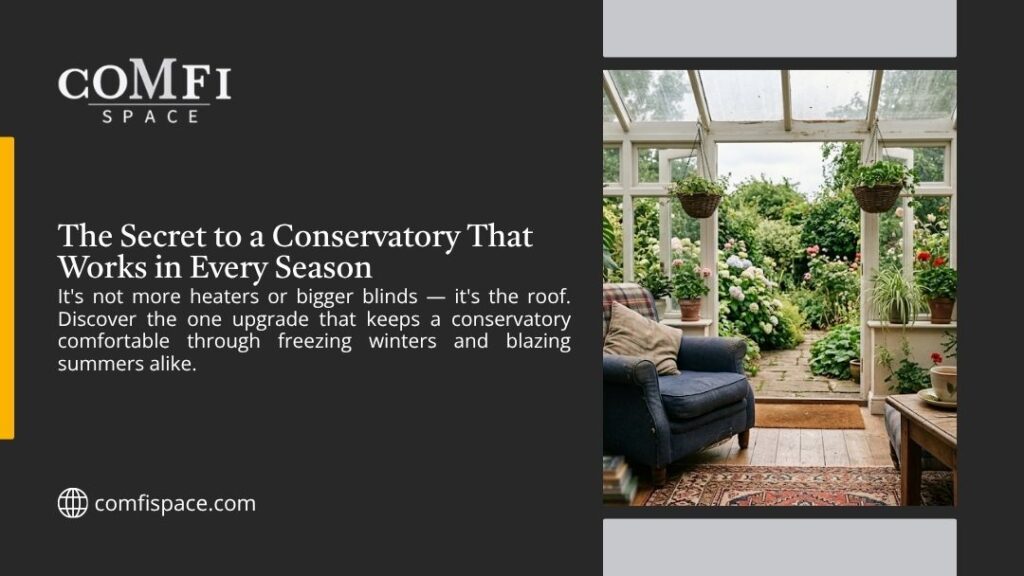 Comfi Space graphic: the secret to a year-round conservatory isn't heaters or blinds—it's the roof upgrade that handles winters and summers. A cozy armchair sits in a plant-filled conservatory.