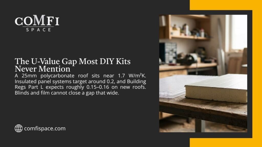 Comfi Space graphic on the U-value gap DIY kits miss — polycarbonate near 1.7 W/m²K versus 0.2 for insulated panels — with a polycarbonate sheet and insulated panel on a workshop bench.