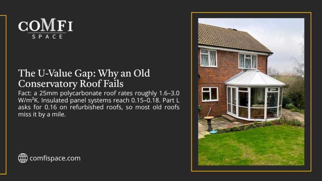 ComfiSpace infographic: The U-Value Gap explains why old polycarbonate conservatory roofs fail insulation standards.